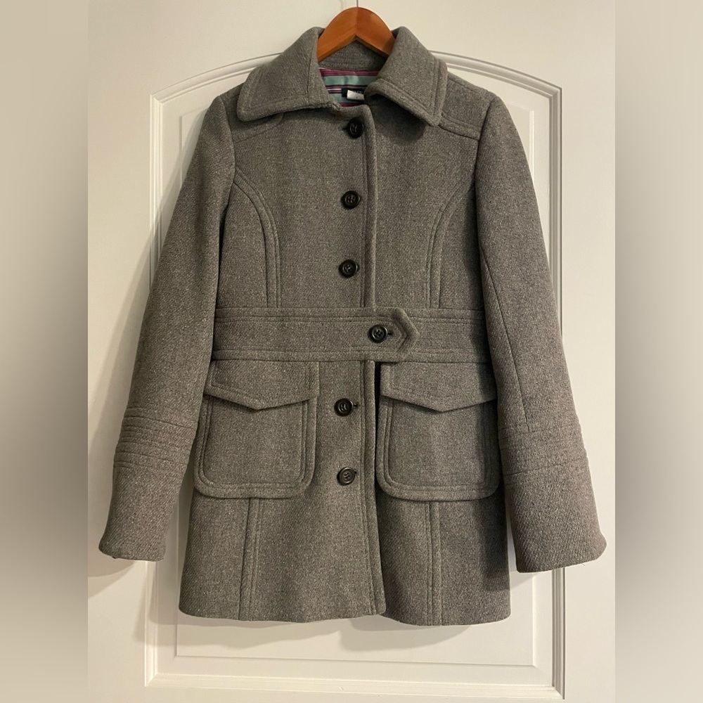 J. Crew Gray Wool-Blend Pea Coat with Belted Waist - Picture 1 of 14